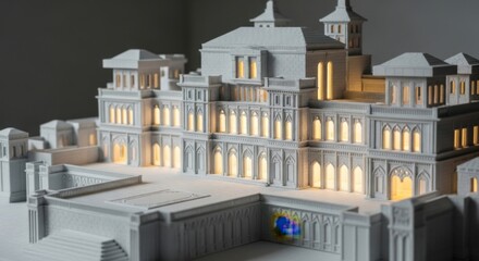 Fototapeta premium Detailed White Architectural Model of Historic Palace or Mansion with Illuminated Windows and Elegant Design