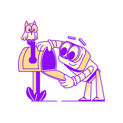 Animated Robot Checks Yellow Mailbox for Purple Letters in Flat Cartoon Style on Transparent Background