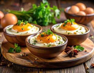 Creamy eggs served in wooden bowls on a rustic board