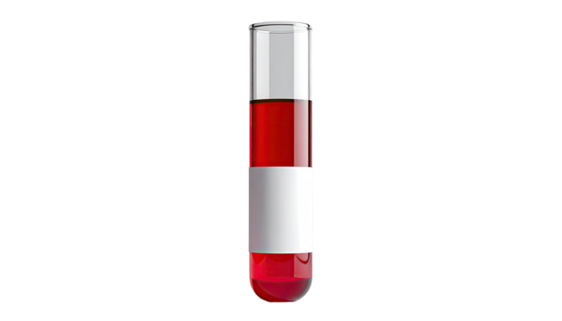 A vertical test tube filled with red liquid. A white band circles the middle - Powered by Adobe