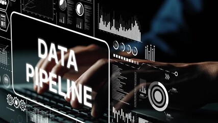 Hands Typing on Keyboard with Data Pipeline Visualization and Digital Analytics Graphics in a Modern Office Environment. Asymptotic smart data analytic. - Powered by Adobe
