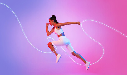 Sporty Female Runner With Neon Light Line Running In Mid Air Looking Aside Over Pink And Blue...