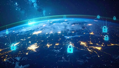Digital security concept featuring Earth with glowing city lights and interconnected padlocks in space