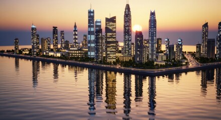 Fototapeta premium Modern City Skyline at Sunset with Skyscrapers Reflected in Water