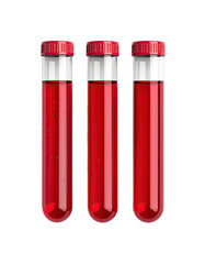 Three clear glass test tubes, each filled with a deep red liquid, and capped with red lids