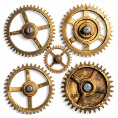 Five gold gears arranged on a white surface