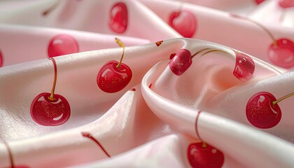 Pink fabric with red cherry pattern and gentle folds