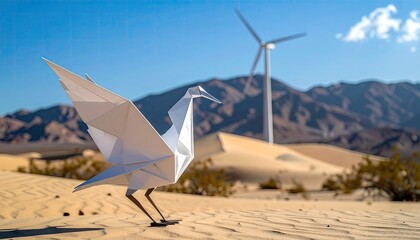 Origami crane on desert sand, windmill blur background