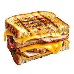 Close-up of a grilled cheese sandwich with turkey and melted cheese.  Toasted bread, layered with melted cheese, sliced turkey, and tomato slices.  Golden-brown toasted bread