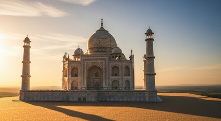 Majestic White Marble Taj Mahal with Sunlit Sky and Shadowed Foreground