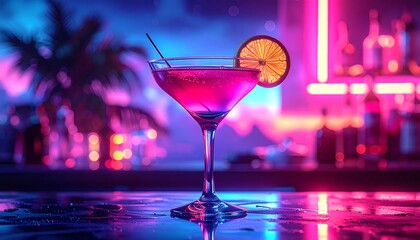 A vibrant pink cocktail, garnished with a slice of orange and a straw, sits on a wet bar top under neon lights.