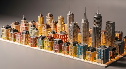 Colorful Miniature Cityscape Model with Residential and Skyscraper Buildings on White Base
