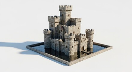 Gray Stone Castle Model Surrounded by Water on White Background