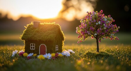 Whimsical Moss-covered House and Blooming Tree in Sunset Garden