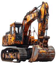 Rusty orange excavator, front view.  Heavy machinery, worn and weathered