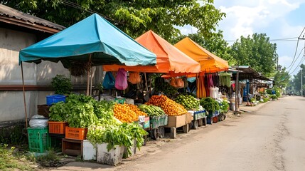 Obraz premium Vibrant outdoor market features multiple stalls with colorful awnings selling fresh produce along an unpaved road