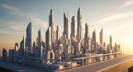 Futuristic Cityscape with Tall Skyscrapers Modern Urban Skyline at Sunset