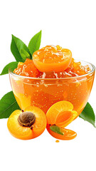 Apricot jam in a glass bowl, with fresh fruit