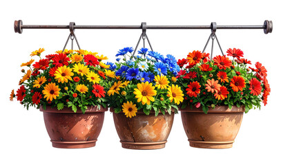 Three hanging flower baskets filled with vibrant blooms