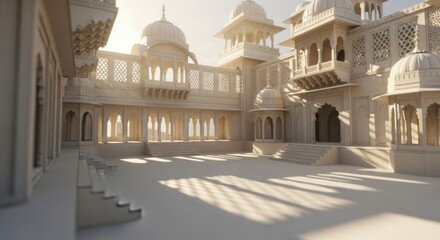 Elegant White Architectural Palace with Intricate Balconies and Domed Towers in Sunlit Courtyard