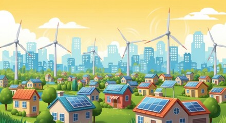 Renewable Energy Solar and Wind Power Community with Solar Panels and Wind Turbines in Suburban Setting