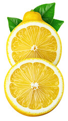 Two bright yellow lemon halves, juicy and vibrant, with green leaves