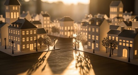 Miniature Paper Model of Modern Residential Neighborhood with Illuminated Houses and Trees at Sunset