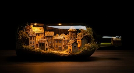 Miniature Village Inside Glass Bottle with Warm Lighting Surrounded by Dark Background