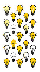 Multiple light bulbs, varying shades, on a black background,  with radiating patterns around some