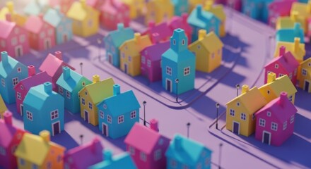 Colorful Miniature House Model Village with Curved Streets and Streetlights for Urban Planning or Toy Design