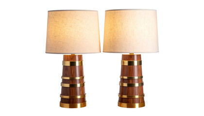Pair of elegant, mid-century modern lamps.  Cream-colored lampshades,  wooden bases with brass accents,  ring-like brass bands