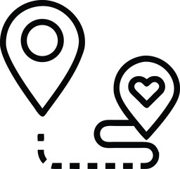Location pins connected by dashed line with heart icon marker navigation transparent web icon