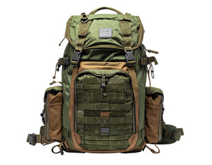 Tactical backpack, olive drab and tan.  Multiple compartments