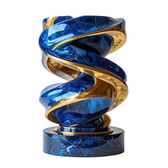 Abstract sculptural trophy; a swirling, double helix design in deep blue and gold.  A smooth, polished base