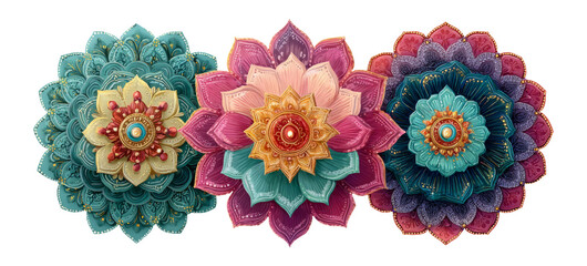 Colorful Decorative Floral Designs with Intricate Details and Isolated Background