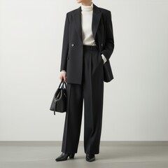 Elegant Black Suit with White Turtleneck and Handbag