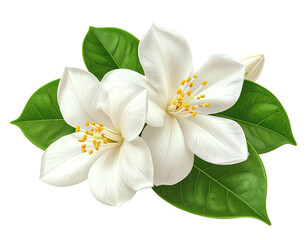 Close-up of two delicate white flowers, likely jasmine or gardenia, with vibrant green leaves.  Detailed realistic illustration