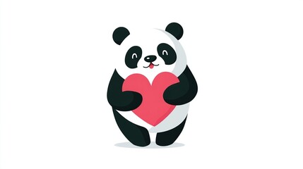 Obraz premium A cute cartoon panda with black and white fur, holding a large pink heart, on a white background
