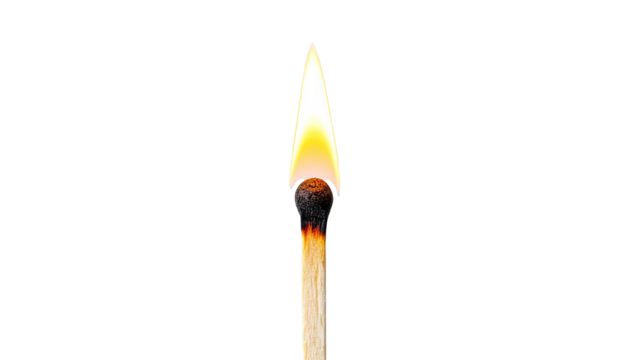 Single matchstick burning brightly against a black background. 
