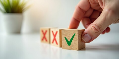 Decision making and approval concept as hand places a wooden block with a green check mark, correcting wrong choices.