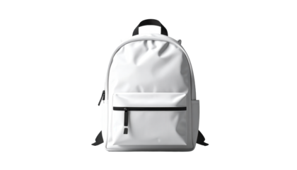 Minimalist design features a white backpack against a black background, showcasing its streamlined shape and details.