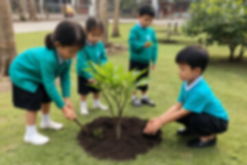 Blurred background of kindergarten children planting small trees around the school yard to learn to love nature, Evergreen.