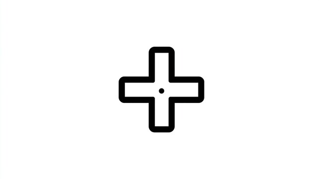 Simple thick plus sign in black outline with a dot in the center on white