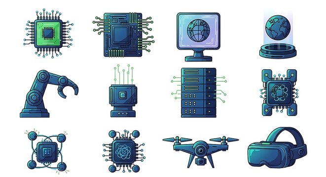 A collection of modern technology and futuristic innovation icons, featuring a microchip, robotic arm, server, drone, and virtual reality headset.