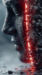 Cinematic illustration of a broken bitcoin coin dispersing into fragments inside a dark dystopian space