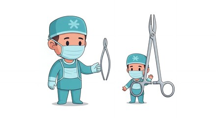 Fototapeta premium Cartoon Doctors with Surgical Forceps in Pixel Art Style Flat Illustration Two Doctors Wearing Green Scrubs and Masks Holding Surgical Instruments Isolated on White Background Medical Theme