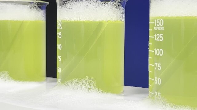Foamy Yellow Chemical Solution in Laboratory Beakers with Glass Stir Rods &ndash; Close-Up Science Experiment in Modern Lab Setting