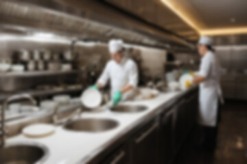 Blurred background a restaurant kitchen worker is working washing dishes after being used by customers.