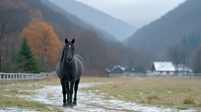 Majestic Black Horse Standing in Snowy Field with Mountain Backdrop and Cinematic Lighting Cold Tones and leafless Trees, creating Serene and Dramatic Winter Landscape - Powered by Adobe
