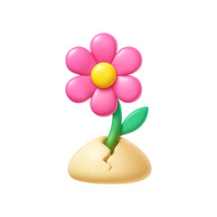 Cute pink flower blooming from cracked earth isolated on transparent background